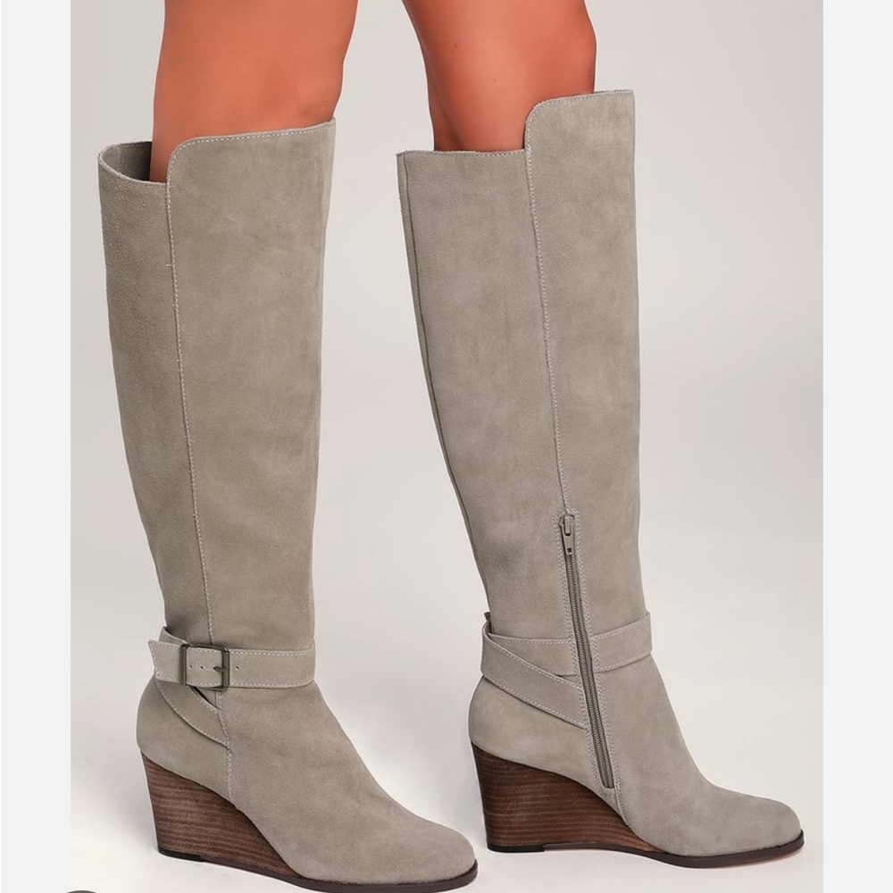 Grey Suede Leather Knee-High Wedge Boots             6 1/2 size